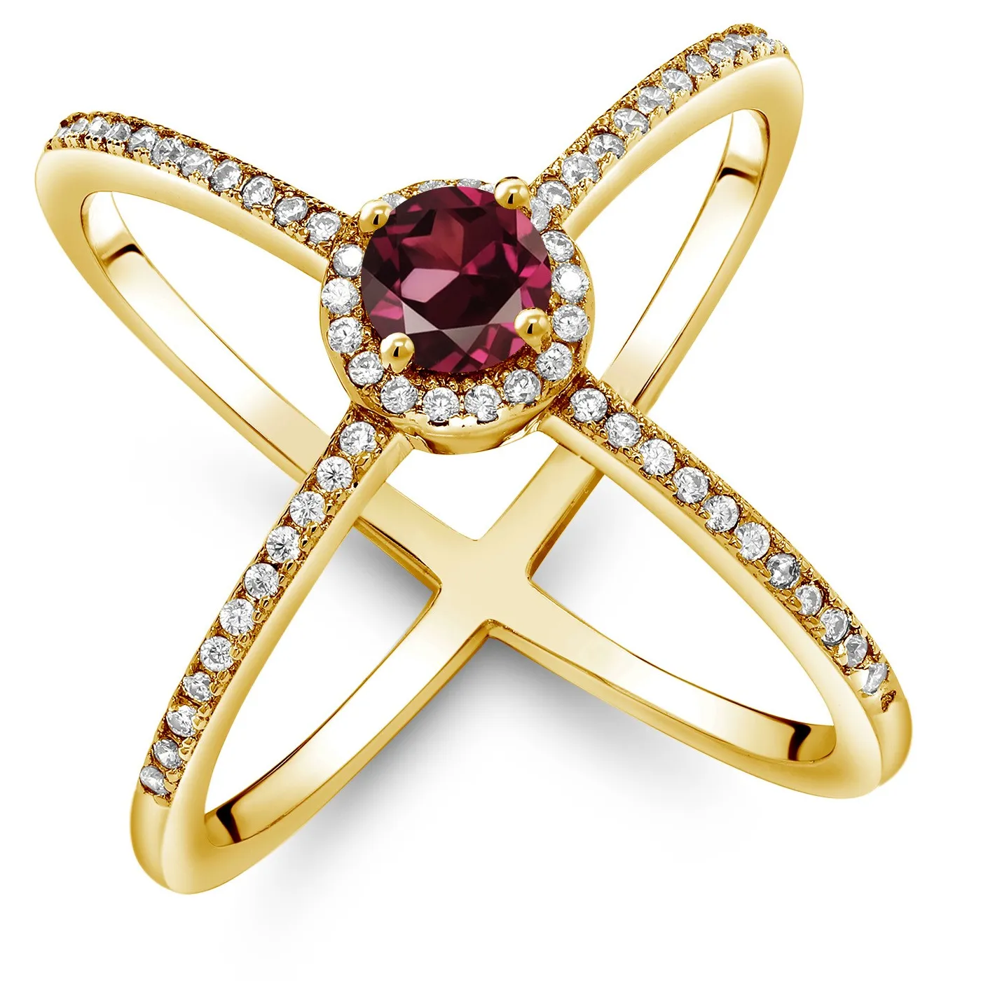 Authentic 1.42 Ct Round Red Rhodolite Garnet 18K Yellow Gold Plated Silver Ring