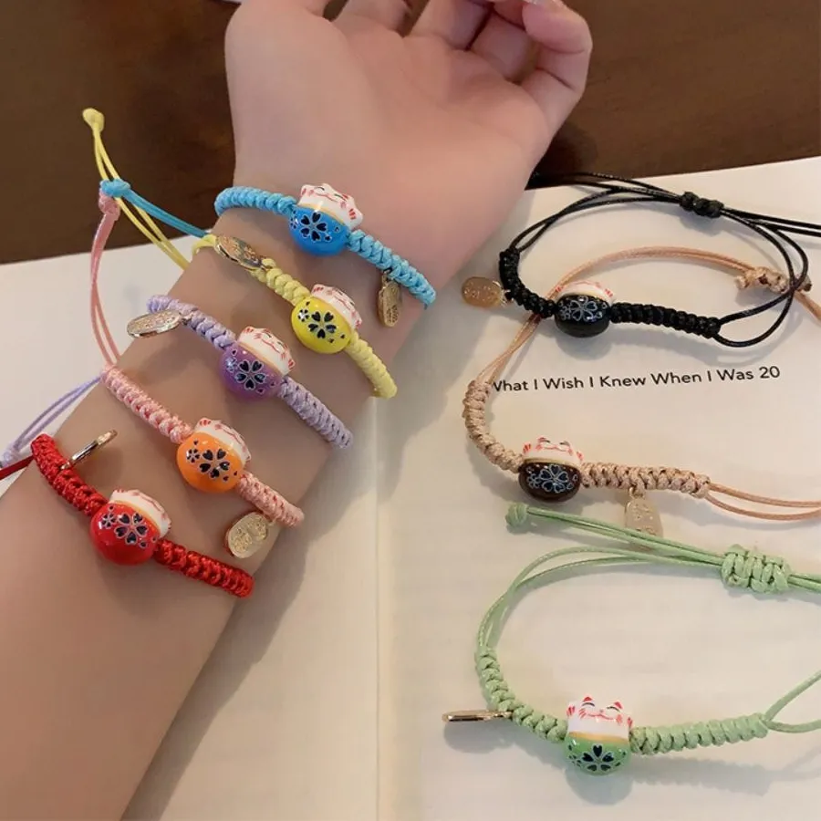 Authentic Ceramic Cat Pendant Maneki Neko Bracelet Handmade Chinese Style Red Braided Rope Jewelry Accessories Hand Rope Hand Ring