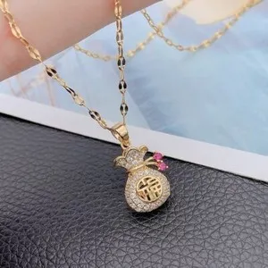 Authentic 18k Gold Plated Fortune Bag Pendant Necklace Lucky Women's Jewelry Gift