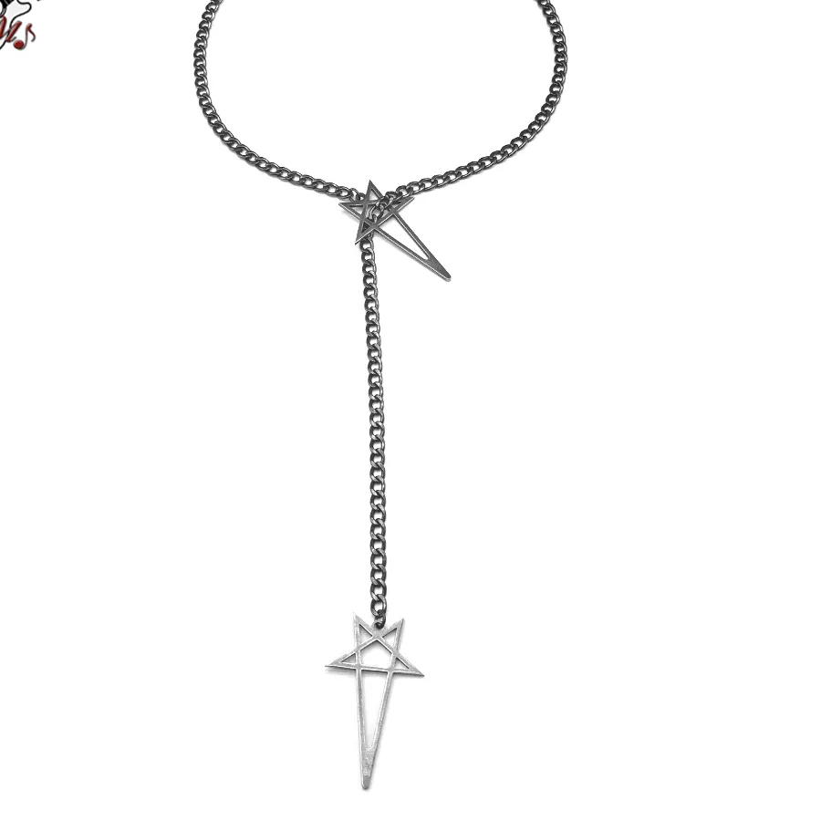 Authentic Hiphop Inverted Pentagram Chain Black Goth Y Shape Long Pendant Toggle Necklace Jewelry