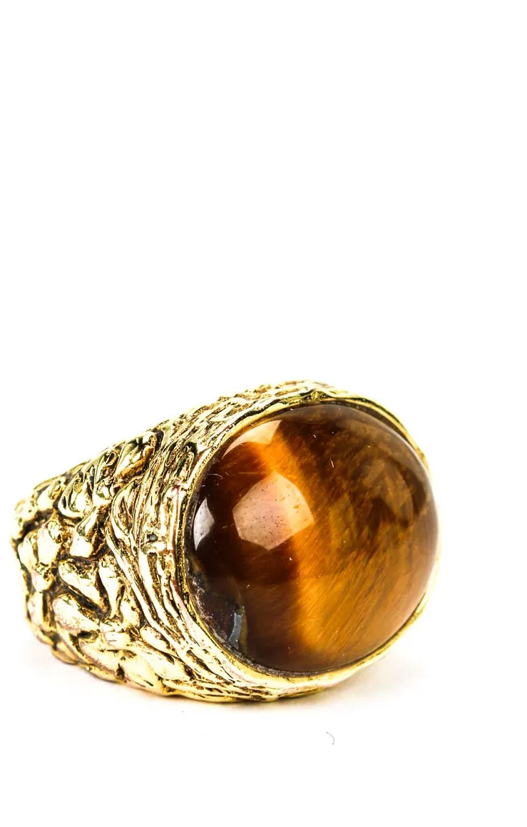 Authentic Aurelie Bidermann Womens Gold Plated Tiger's Eye Engraved Signet Ring Sz 5.5