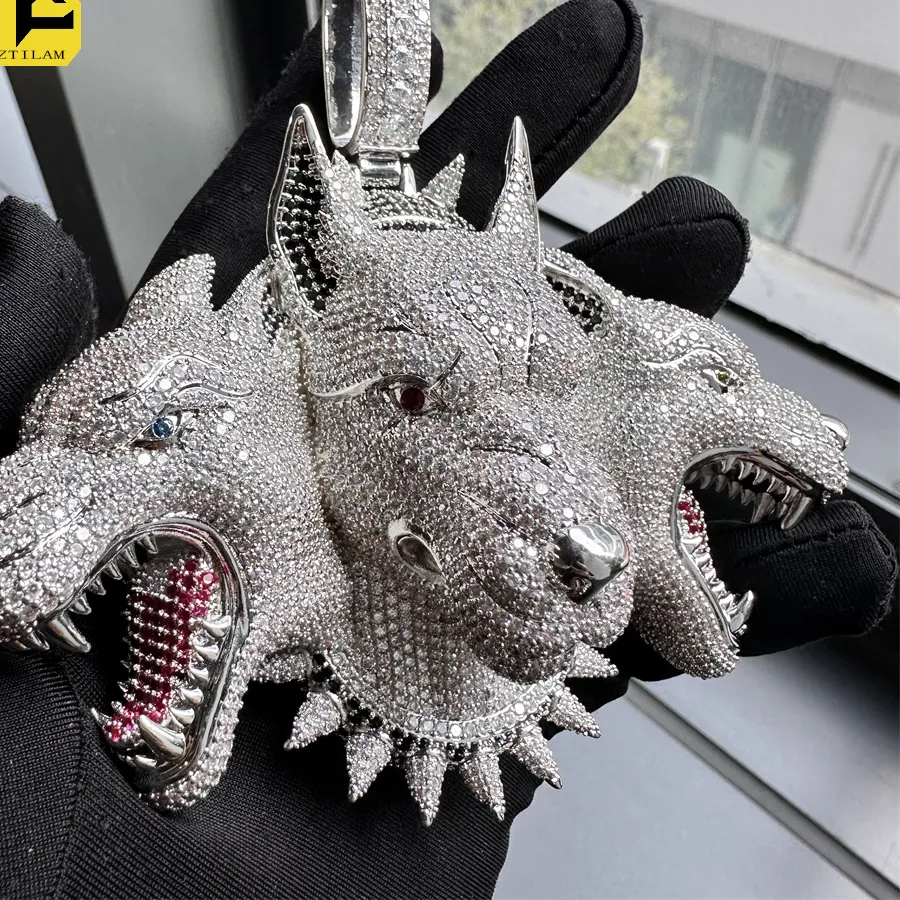 Authentic Anztilam 3 Dog Heads Pendant Iced Out Pendant Necklace Long Link Chain Zircon Hip Hop Jewelry Free Ship
