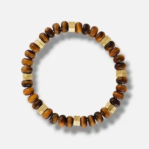 Authentic Esquire Mens Brown 14k Gold-Plated Sterling Silver Tiger Eye Bead Bracelet
