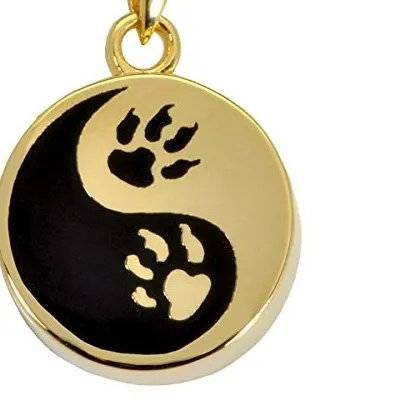 Authentic Paw Print Yin Yang Dog Ash Holder Cremation Urn Pendant Necklace 18K Gold Plated