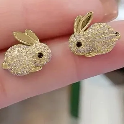 Authentic Women Rabbit Stud Earring 14K Yellow Gold Plated 1Ct Simulated Diamond Round Cut