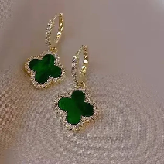 Authentic Lab-Created Diamond 2Ct Round Drop/Dangle Clover Earrings 14K Yellow Gold Plated