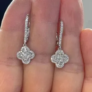 Authentic Drop&Dangle Earrings 2Ct Round Lab Created Diamond Clover 14K White Gold Plated