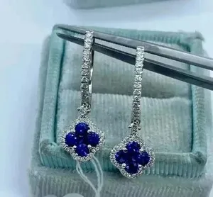 Authentic 3Ct Round Cut Clover Dangle Earrings Lab-Created Sapphire 14K White Gold Plated