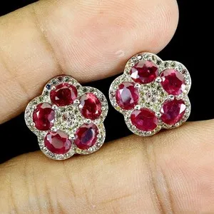 Authentic 3Ct oval Natural ruby Five stone Clover stud Earrings 14K White Gold Plated