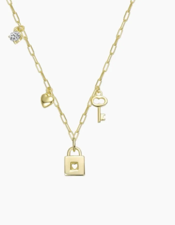 Authentic Rachel Glauber Lock And Key Pendant Necklace 14 K Gold Plated