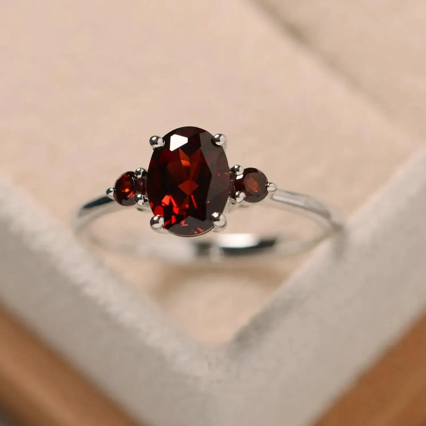 Authentic 2Ct Oval Lab Created Garnet Three Stone Engagement Ring 14K White Gold Plated