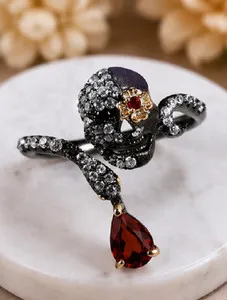 Authentic 4Ct Simulated Red Garnet Skull Statement Halloween Collection Ring Gold Plated