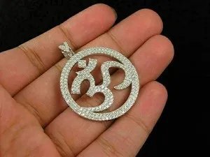 Authentic Radiant Om Pendant In 14K White Gold Plating With Brilliant Moissanite