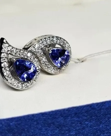 Authentic Pear Cut Simulated Blue Sapphire Women's Stud Earrings In 14k White Gold Plated