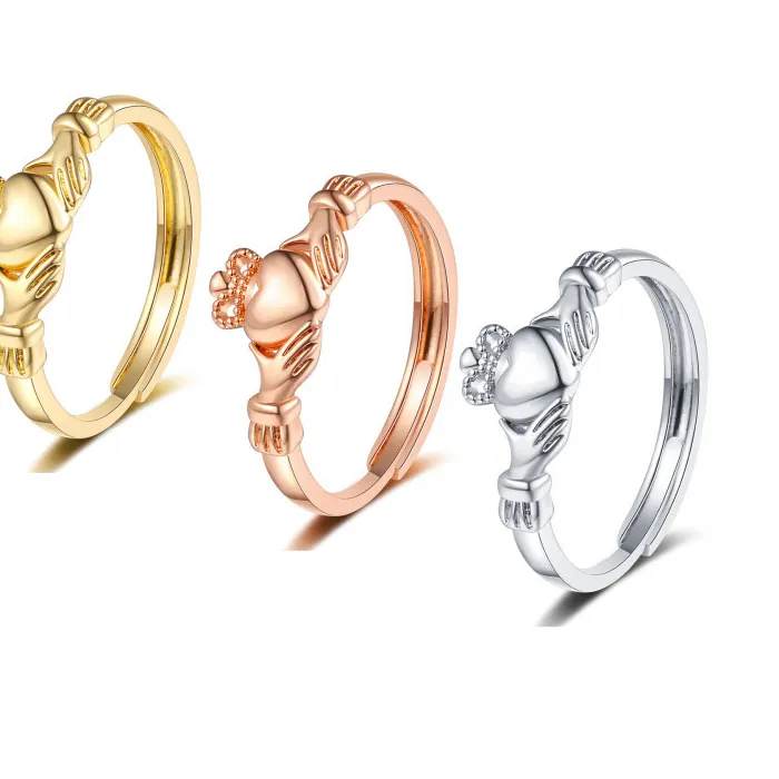 Authentic Adjustable Promise Rings With Claddagh Crown And Intertwined Hands Design, Jewelry For Couples, Weddings