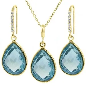 Authentic 22.50 Ct Blue Topaz 16x1 Pear Shape 18K Yellow Gold Plated Silver Jewelry Set