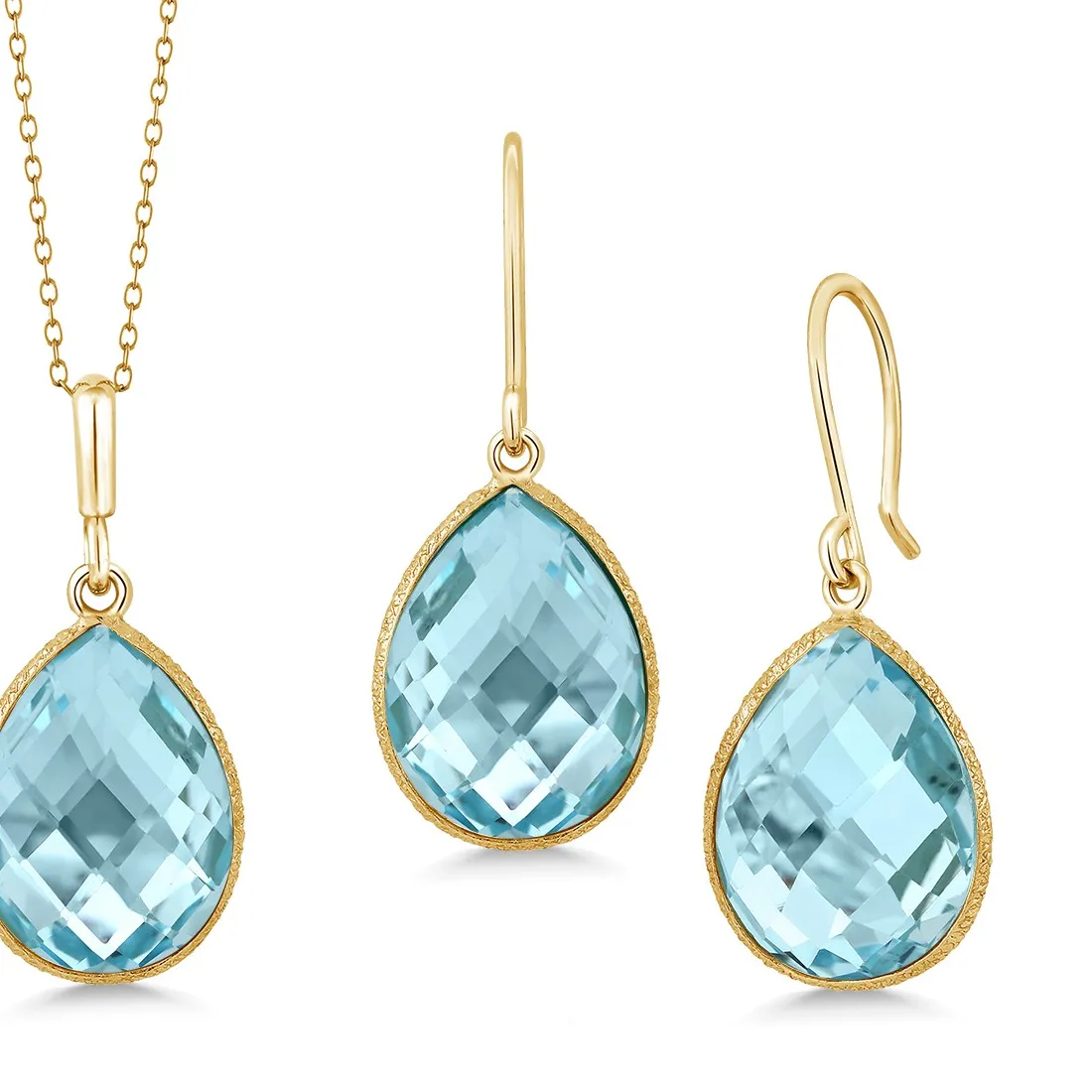 Authentic Celestial Voice Blue Topaz Talisman Set - 22.50ct Pear-Cut Throat Chakra Amulet in Sacred Gold-Plated Silver