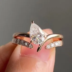 Authentic 2.10Ct Pear Cut White Moissanite Women's Wedding Ring 14k Yellow Gold Plated