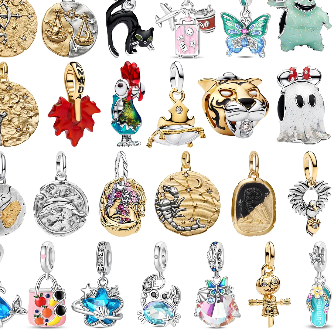 Authentic 925 Sterling Silver Charms Zodiac Coin Black Cat Ghost Tiger Travel Luggage Maple Leaf Pendant Fit Bracelet Necklace Diy Jewelry