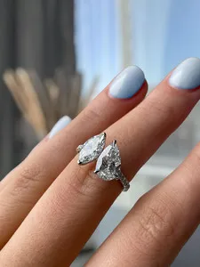 Authentic 4Ctw Pear & Marquise Moissanite ToiEtMoi Engagement Ring 14k White Gold Plated