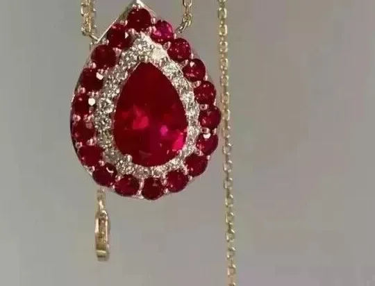 Authentic 2 Ct Pear Cut Lab Created Red Ruby Halo Pendant 14k Yellow Gold Plated
