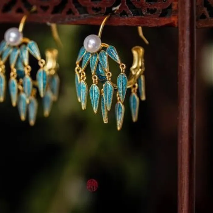 Authentic Celestial Bamboo Pearl Amulet Earrings Gold Plated Harmony