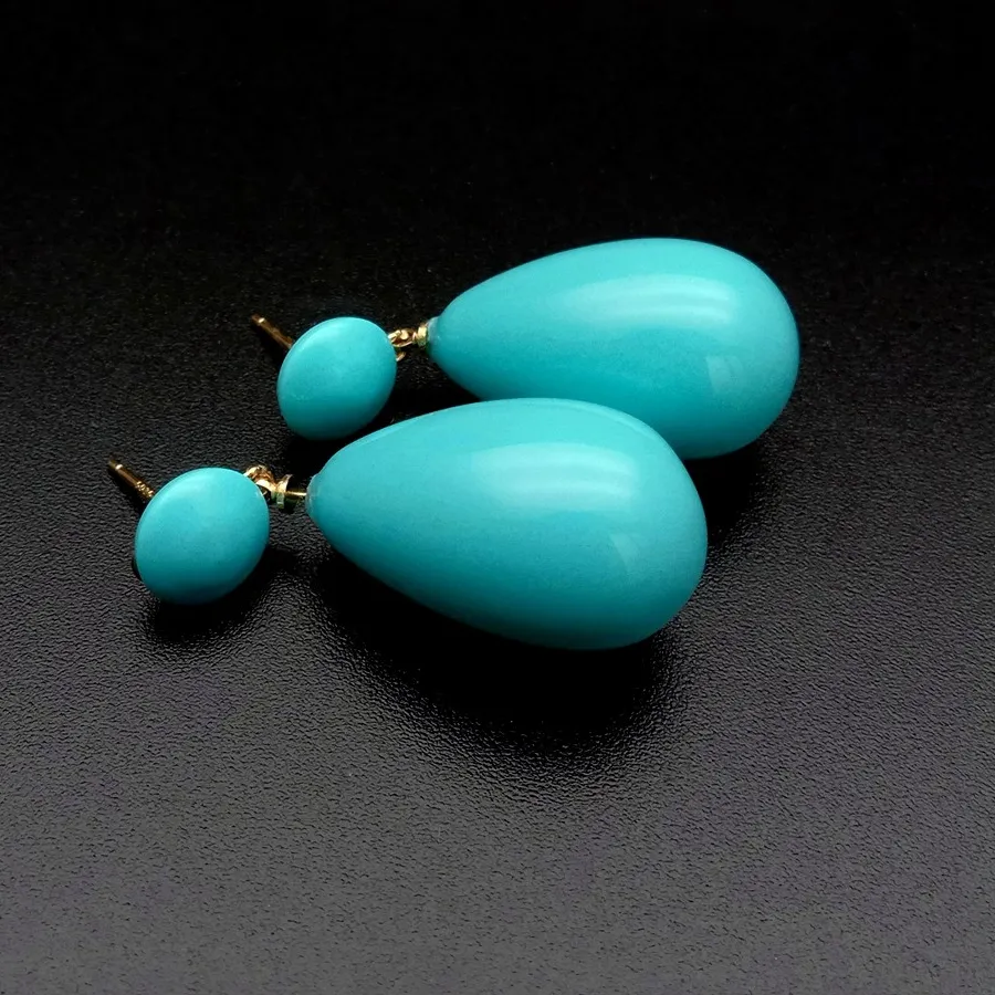 Authentic Turquoise Color Mother Of Pearl Long Drop Stud Earrings Gold Plated Jewelry