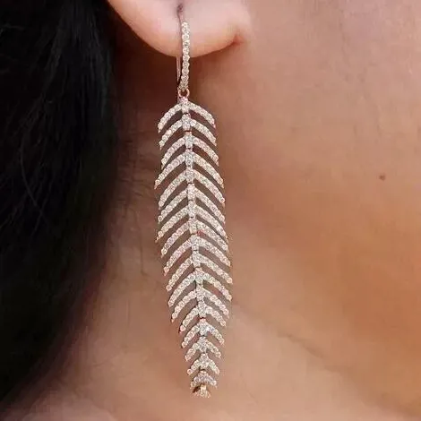 Authentic Ethereal Plume Whispers 1.0Ct Lab Created Diamond Feather Dangle Hook Earrings In 14K Pink Gold Plated