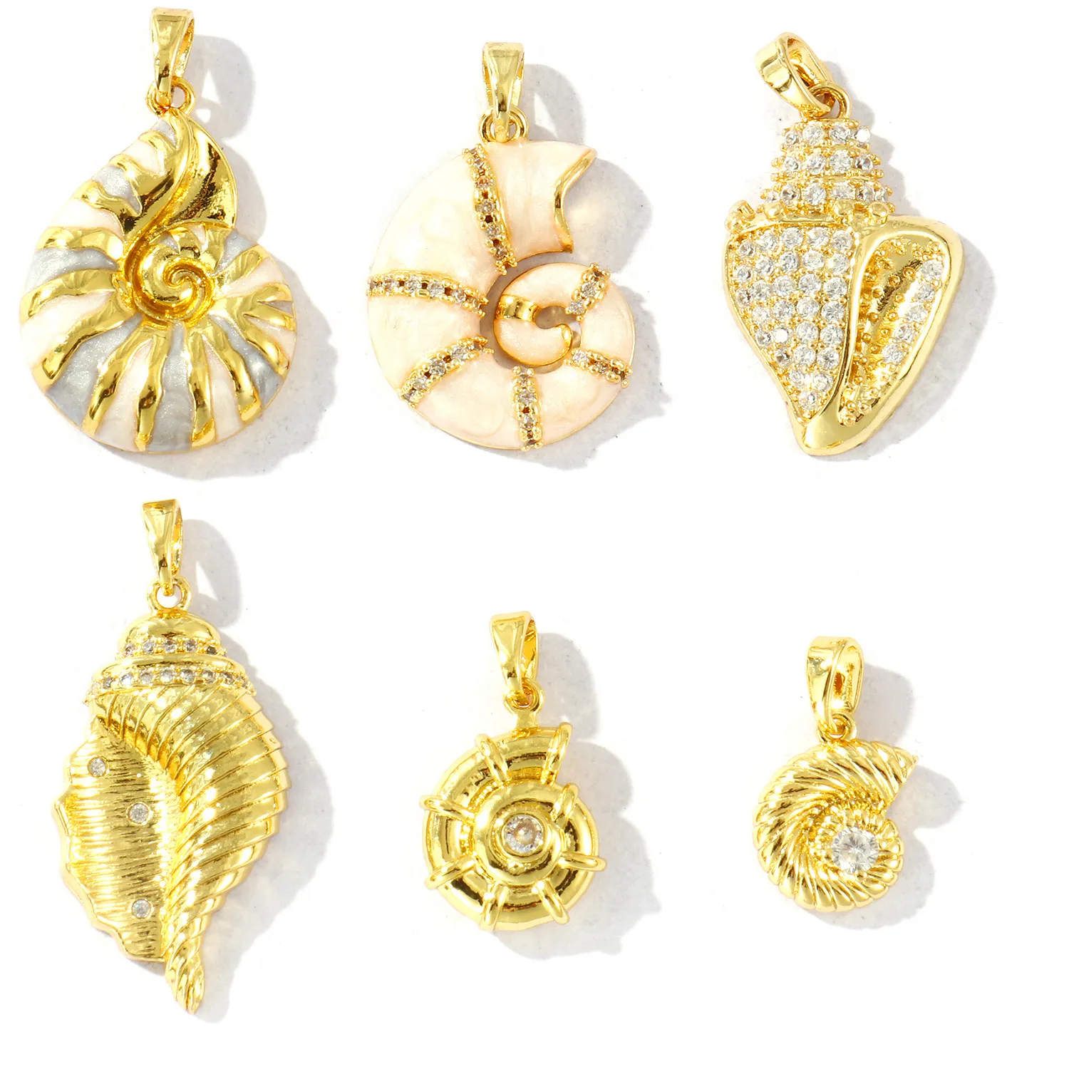 Authentic 1 Pc Ocean Jewelry Charm Pendant Rhinestone Enamel Conch/ Sea Snail Clear Rhinestone 18K Gold Plated Pendants DIY Necklace