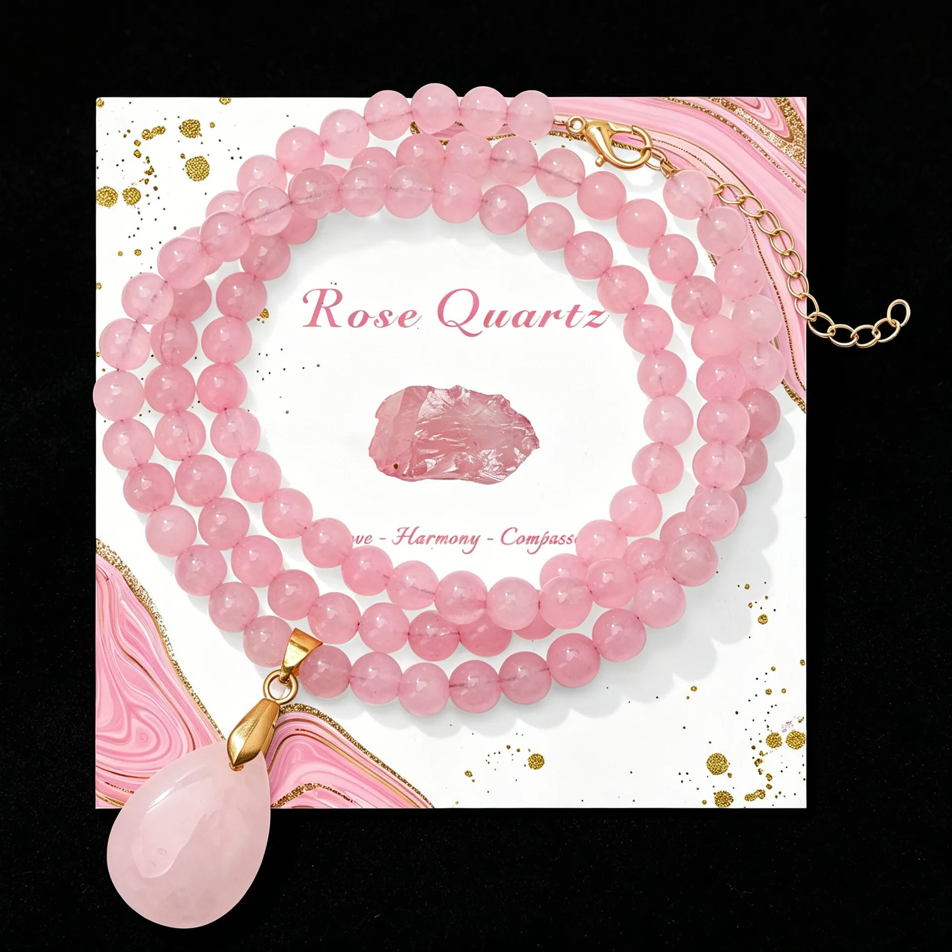 Authentic Boho Rose Quartz Necklace 6Mm Round Beads Waterdrop Pendant Necklace Collar Healing Crystal Jewelry