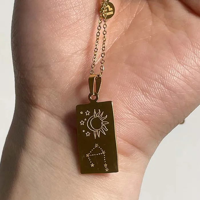 Authentic 12 Constellations Stainless Steel Square Pendant Necklace for Women PVD Gold Plated Zircon CZ Charms Zodiac Sign Collar Jewelry