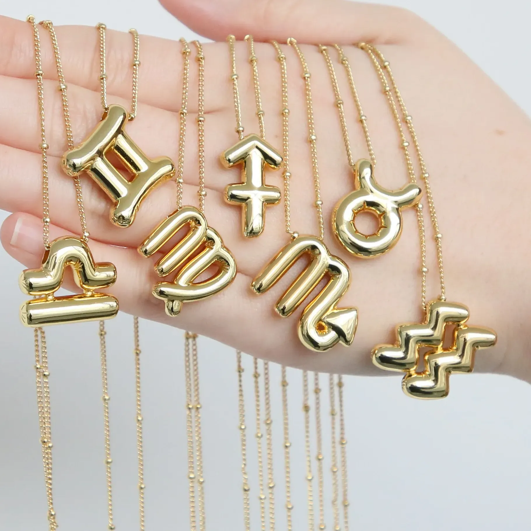 Authentic Gold Plated 12 Zodiac Sign Necklaces Simple Chunky Balloon Bubble Constellation Pendant Gold Color Necklace Waterproof Jewelry