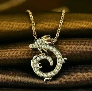 Authentic 2Ct Round Cut Natural Moissanite Dragon Pendant Necklace 14K Yellow Gold Plated