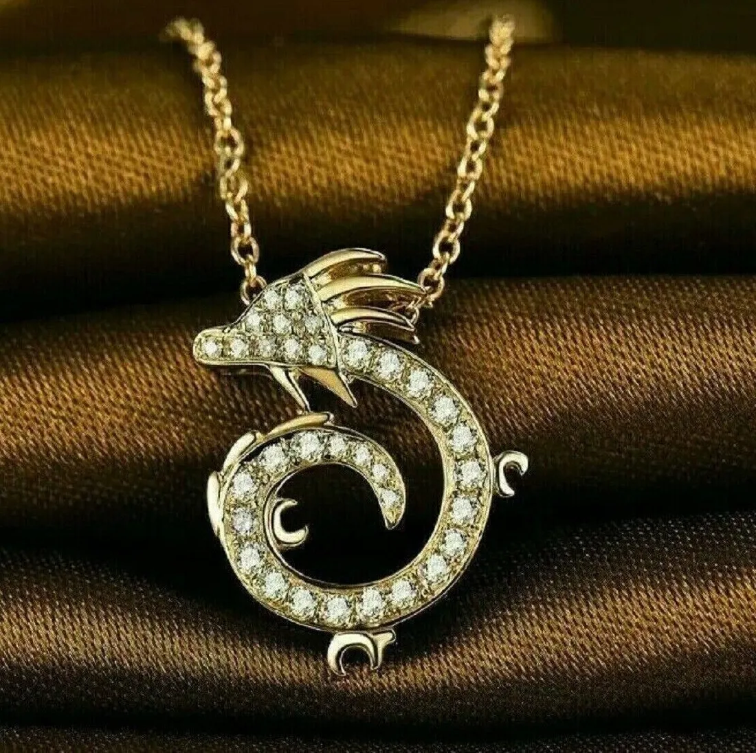 Authentic 2Ct Round Cut Natural Moissanite Dragon Pendant Necklace 14K Yellow Gold Plated