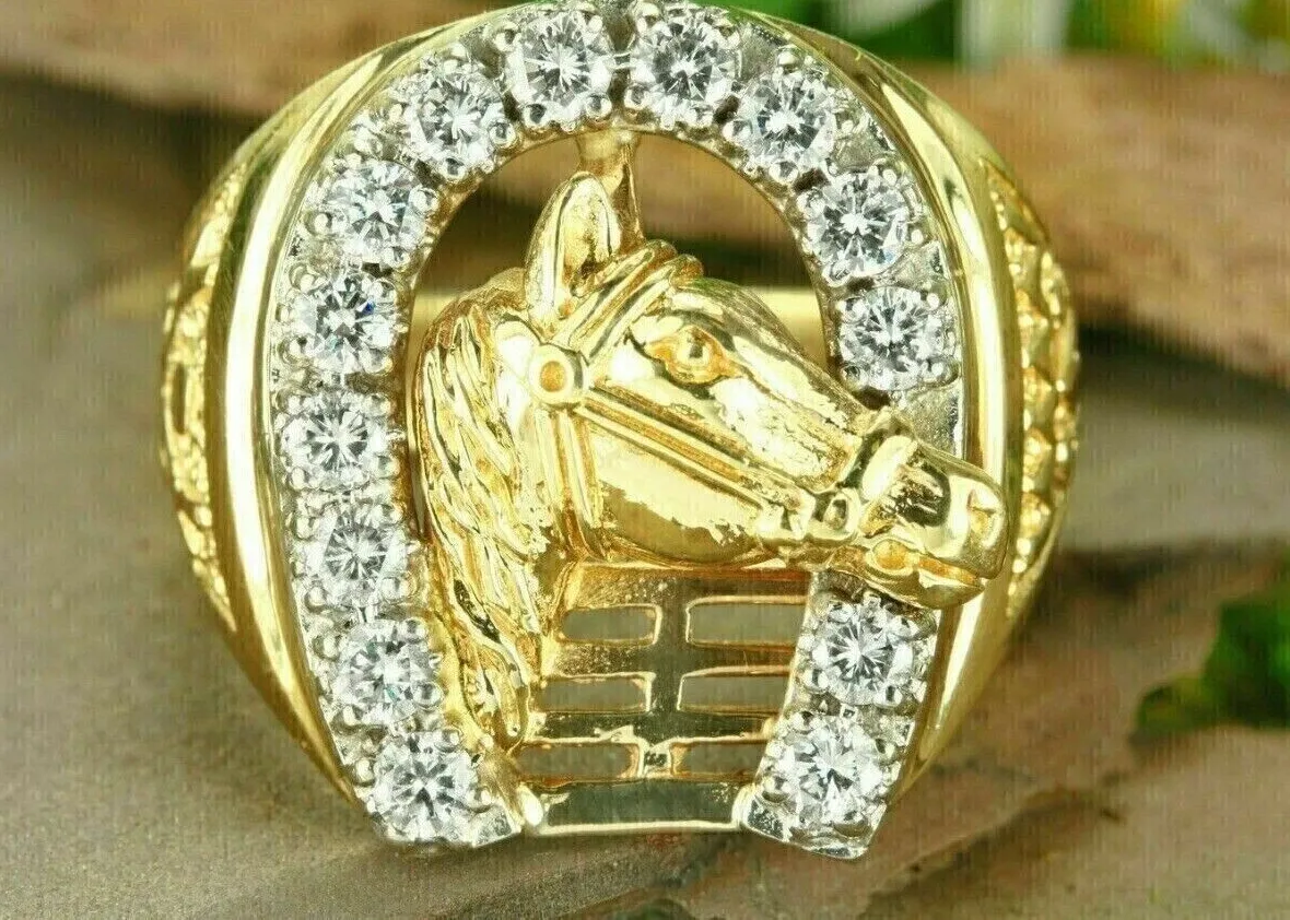 Authentic 2Ct Round Cut Lab Created Diamond Men's Horseshoe Ring 14K Yellow Gold Plated