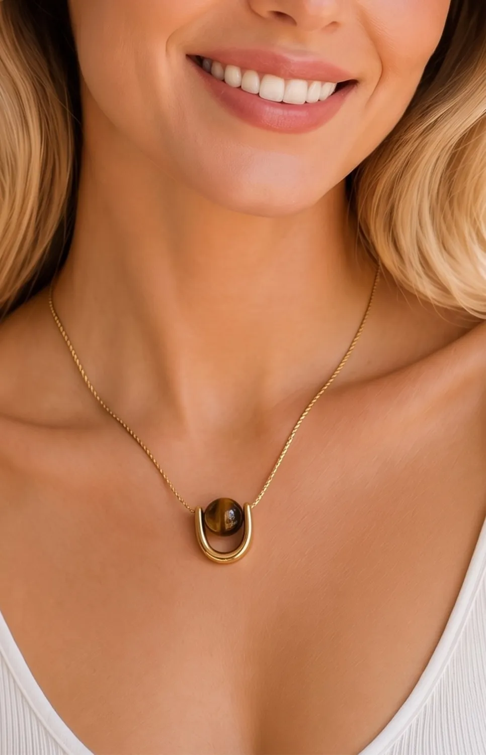 Authentic Tiger Eye U Shape Pendant 18K Gold Plated Shield Of Clarity