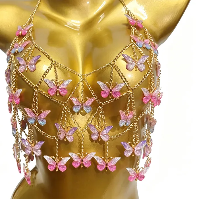Authentic Handmade Music Festival Crystal Beaded Statement Bra Mermaid Body Jewelry Pink Butterfly Pendant Body Chain Top