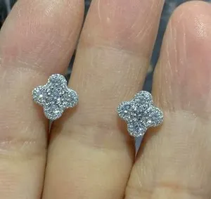 Authentic Real Moissanite 0.60Ct Round Clover Stud Earrings 14K White Gold Plated Silver