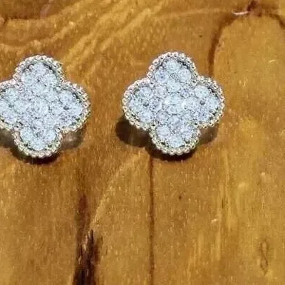 Authentic 1.20Ct Round Real Moissanite Clover Women's Stud Earrings 14K White Gold Plated