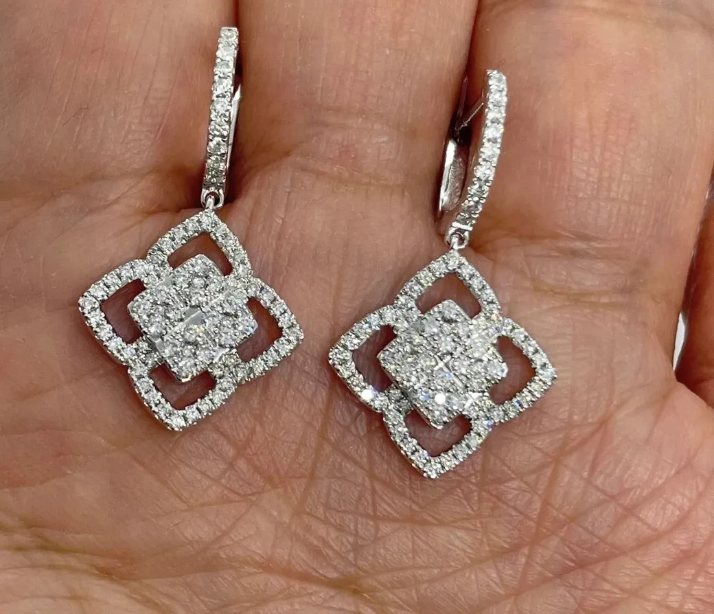 Authentic 1.73Ct Round Real Moissanite Clover Drop/Dangle Earrings 14K White Gold Plated