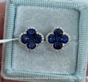 Authentic Lab Created Sapphire 2Ct Round Clover Stud Earrings 14K White Gold Plated Silver