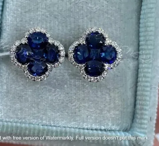 Authentic Lab Created Sapphire 2Ct Round Clover Stud Earrings 14K White Gold Plated Silver