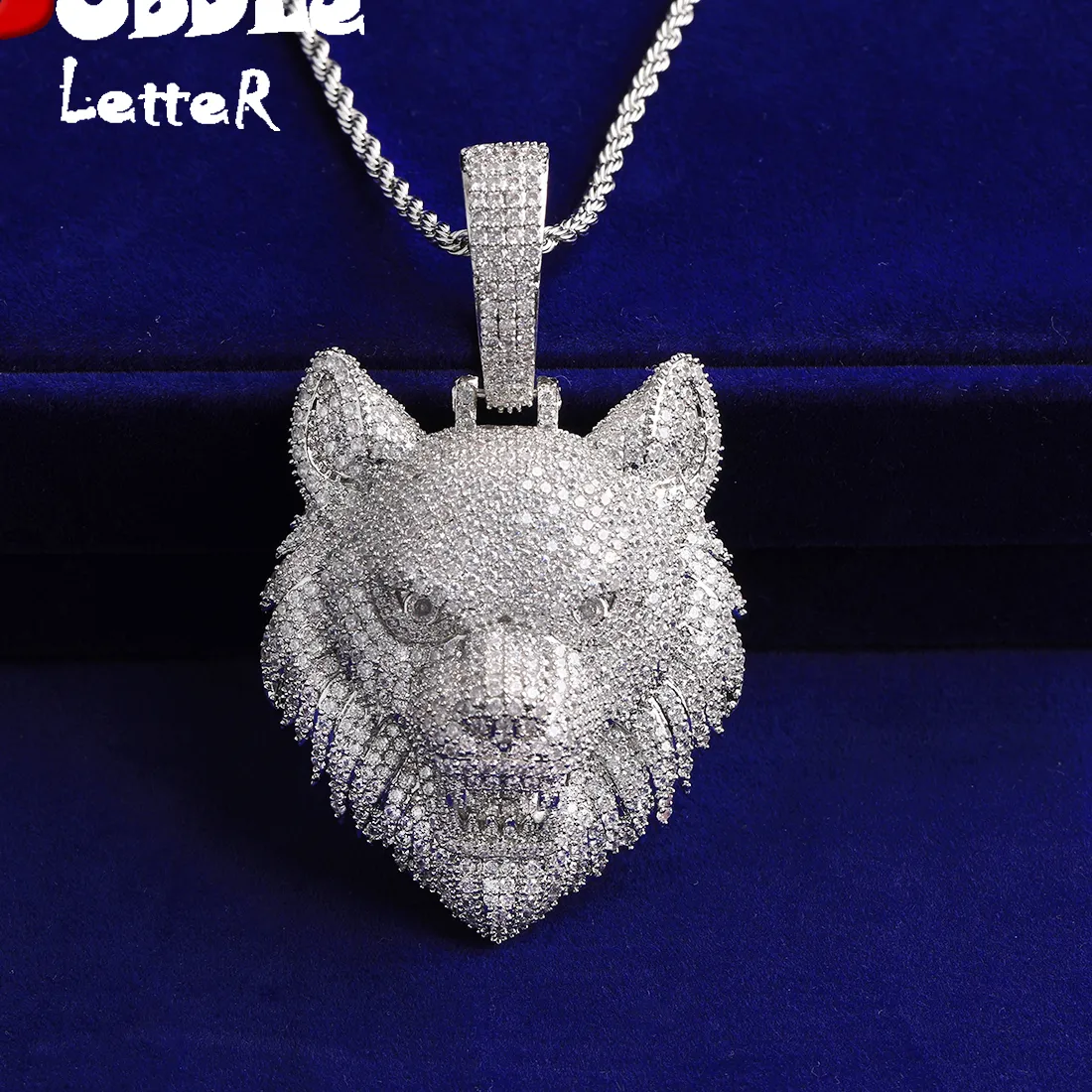 Authentic Bubble Letter Iced Out Wolf Head Necklace Pendant 5A Cubic Zirconia Real Gold Plated Hip Hop Jewelry