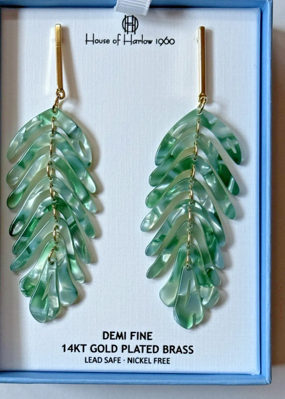 Authentic Emerald Palm Leaf Talisman 14K Gold Plated, Lead Free, Enchanting Dangling Earrings