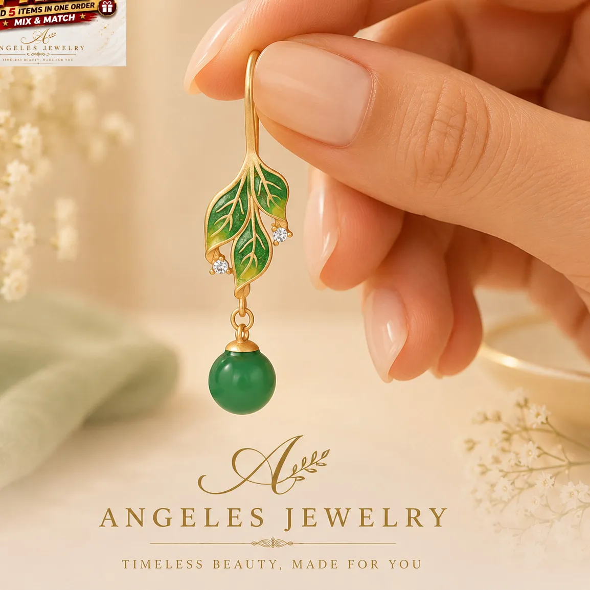 Authentic Emerald Leaf Whisper Gold Plated Jade Dangle Talisman