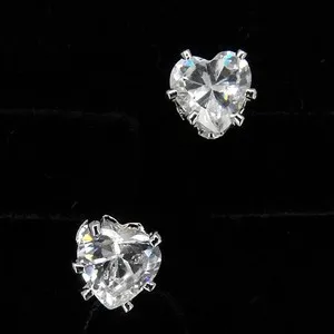 Authentic Heart Love 18K W GP Gold Plated Stud Stick Earrings Cubic Zirconia CZ Clear Cut 