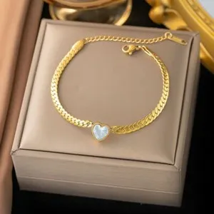 Authentic Woman 18K Gold Plated Heart Green CZ Charm Bracelet Cuban Chain
