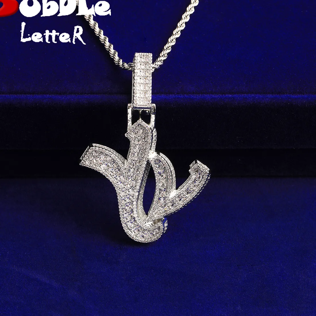 Authentic Bubble Letter Iced Out Yv Necklace Pendant 5A Cubic Zirconia Real Gold Plated Hip Hop Jewelry