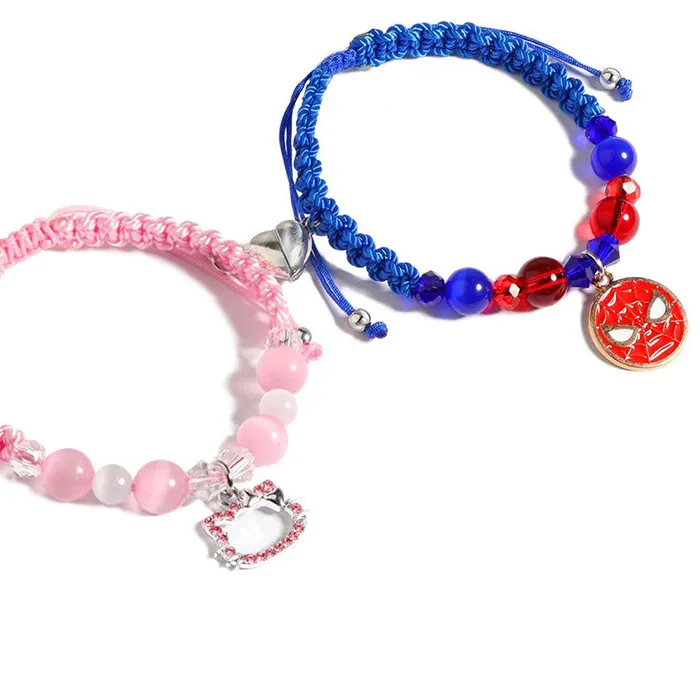 Authentic KMVEXO Spider Kitty Charm Bracelets Rope Heart Magnetic Matching Bracelets for Couples Crystal Beaded Bracelet Halloween Jewelry
