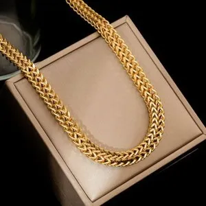 Authentic Woman Man 18K Gold Plated Stainless Steel 13mm Wide Mesh Wheat Braided Chain
